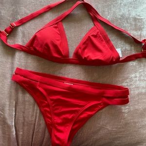Red ribbed bikini set